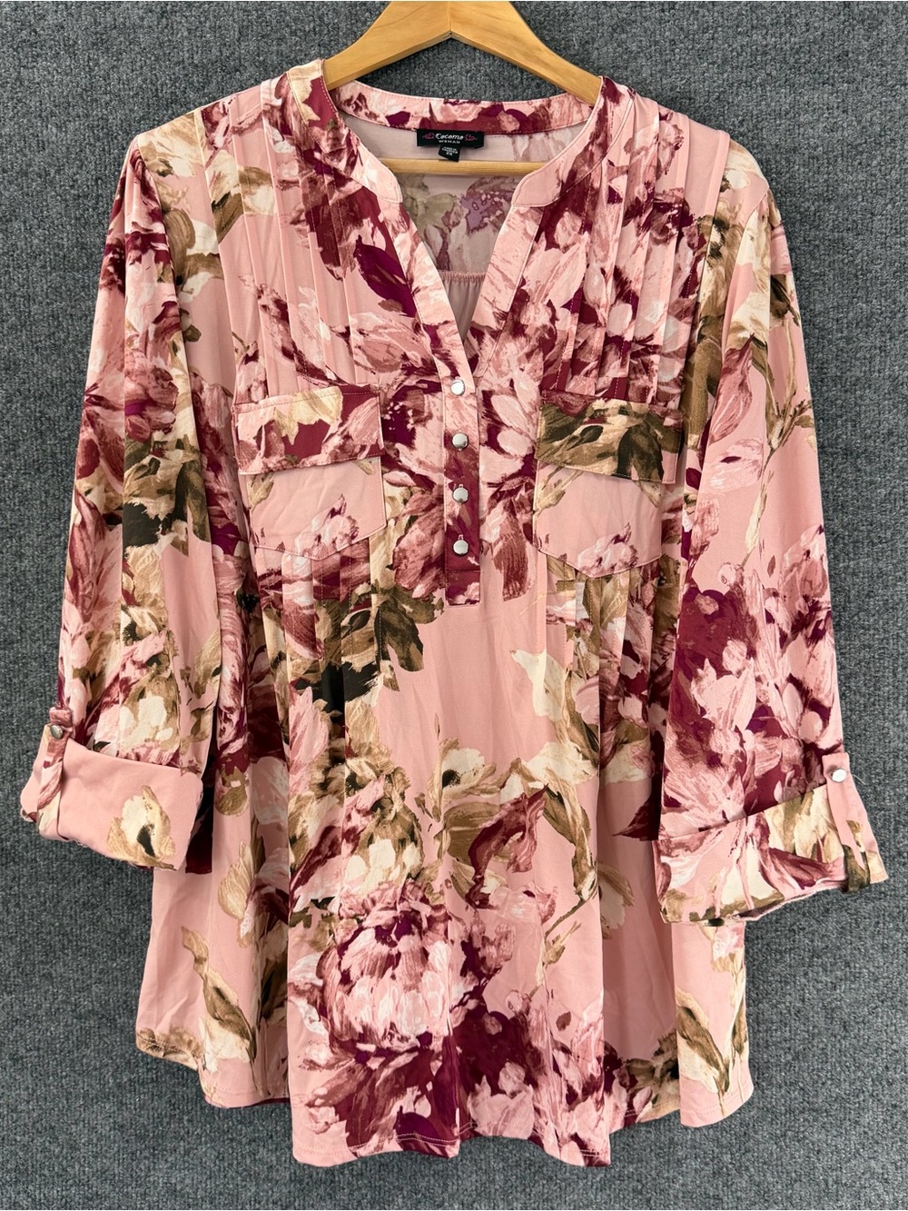 Cocomo Womens Floral 3/4 Sleeve Popover Top Size 2X Pink Office Career Stretch